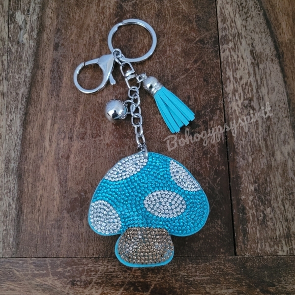 🍄Mushroom Crystal Rhinestone Keychain Bag Charm With Blue Tassel - Picture 10 of 11